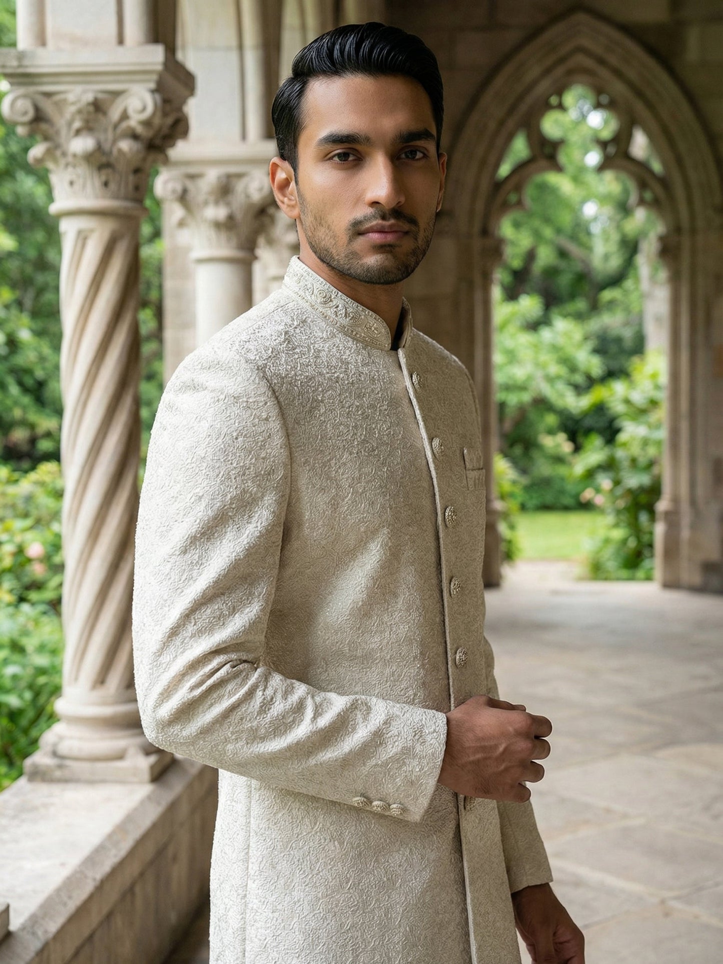 Silk Blend Embroidered Royal Sherwani Set ( 50JSH 112Cream L )