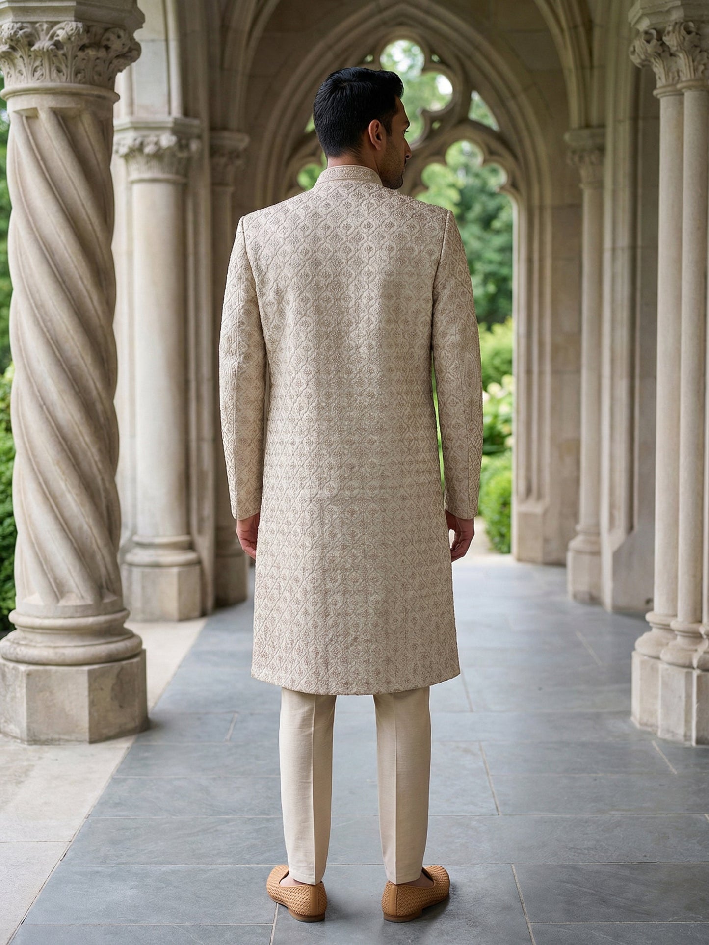 Ivory Gold Embroidered Sherwani Set ( 50JSH 113Golden M )