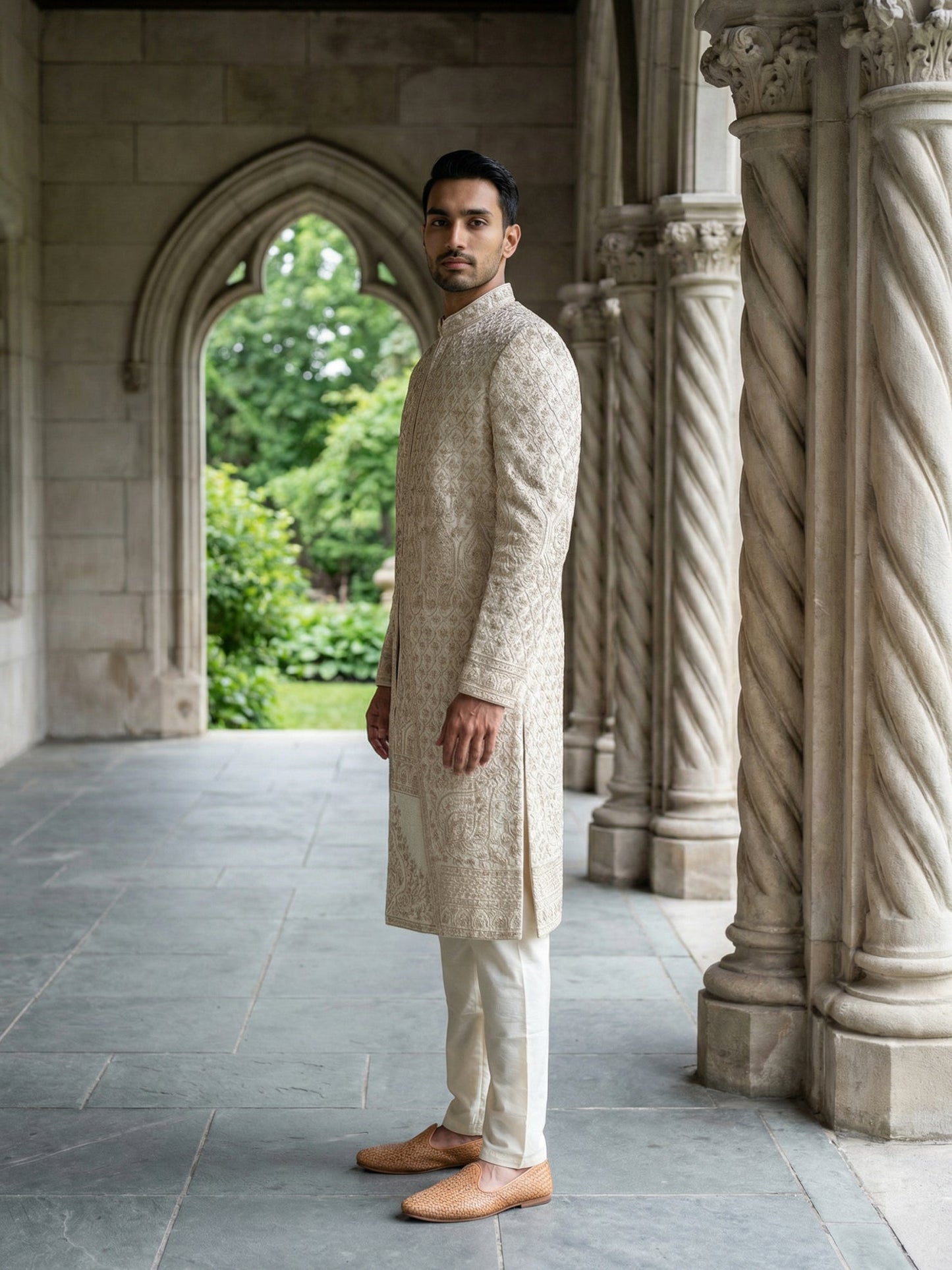 Ivory Gold Embroidered Sherwani Set ( 50JSH 113Golden M )