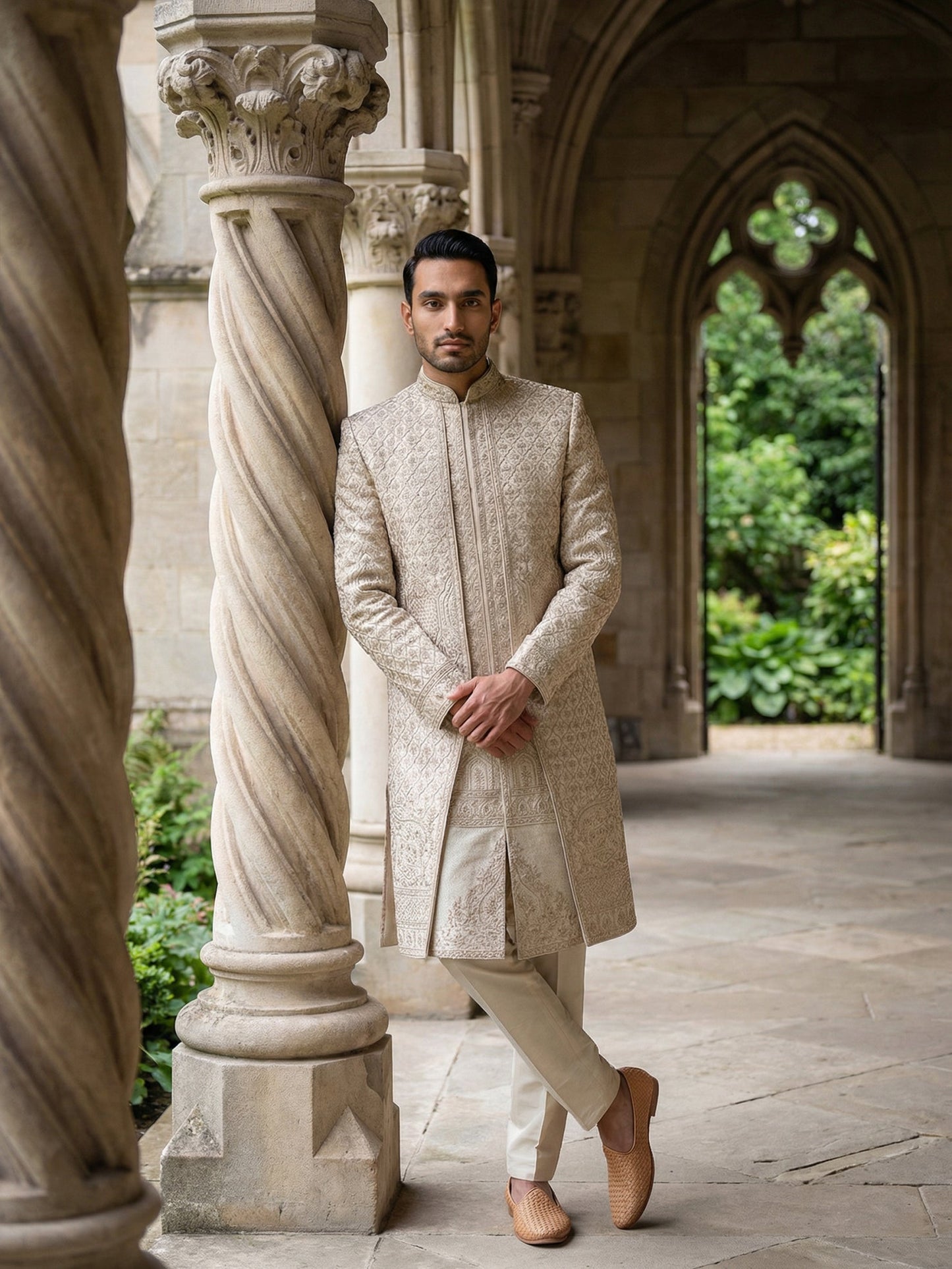 Ivory Gold Embroidered Sherwani Set ( 50JSH 113Golden M )