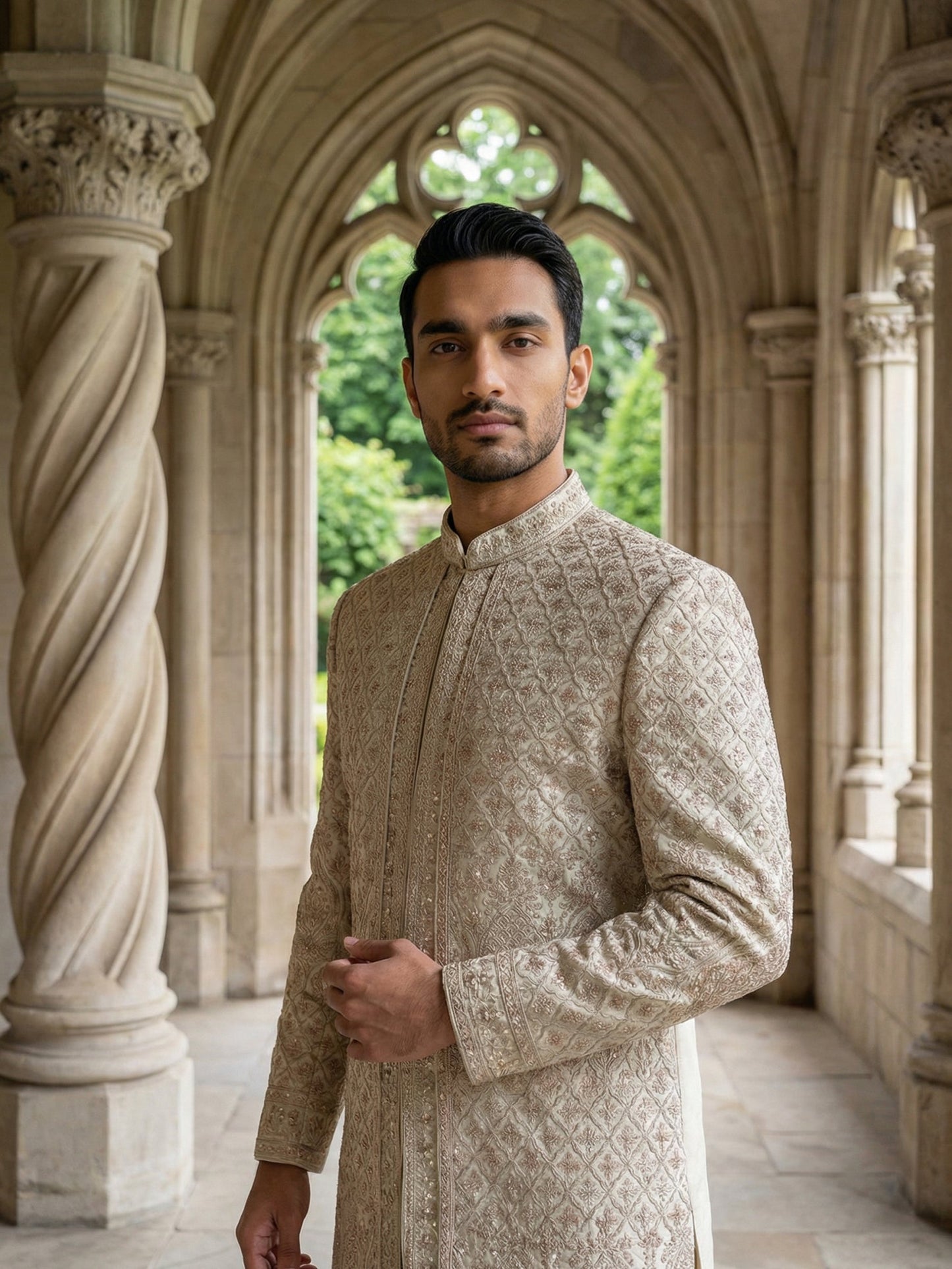 Ivory Gold Embroidered Sherwani Set ( 50JSH 113Golden M )