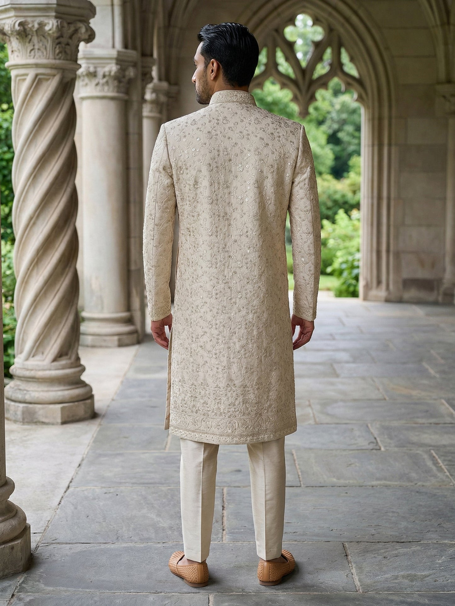 Ivory Gold Embroidered Sherwani Set ( 50JSH 114Golden M )