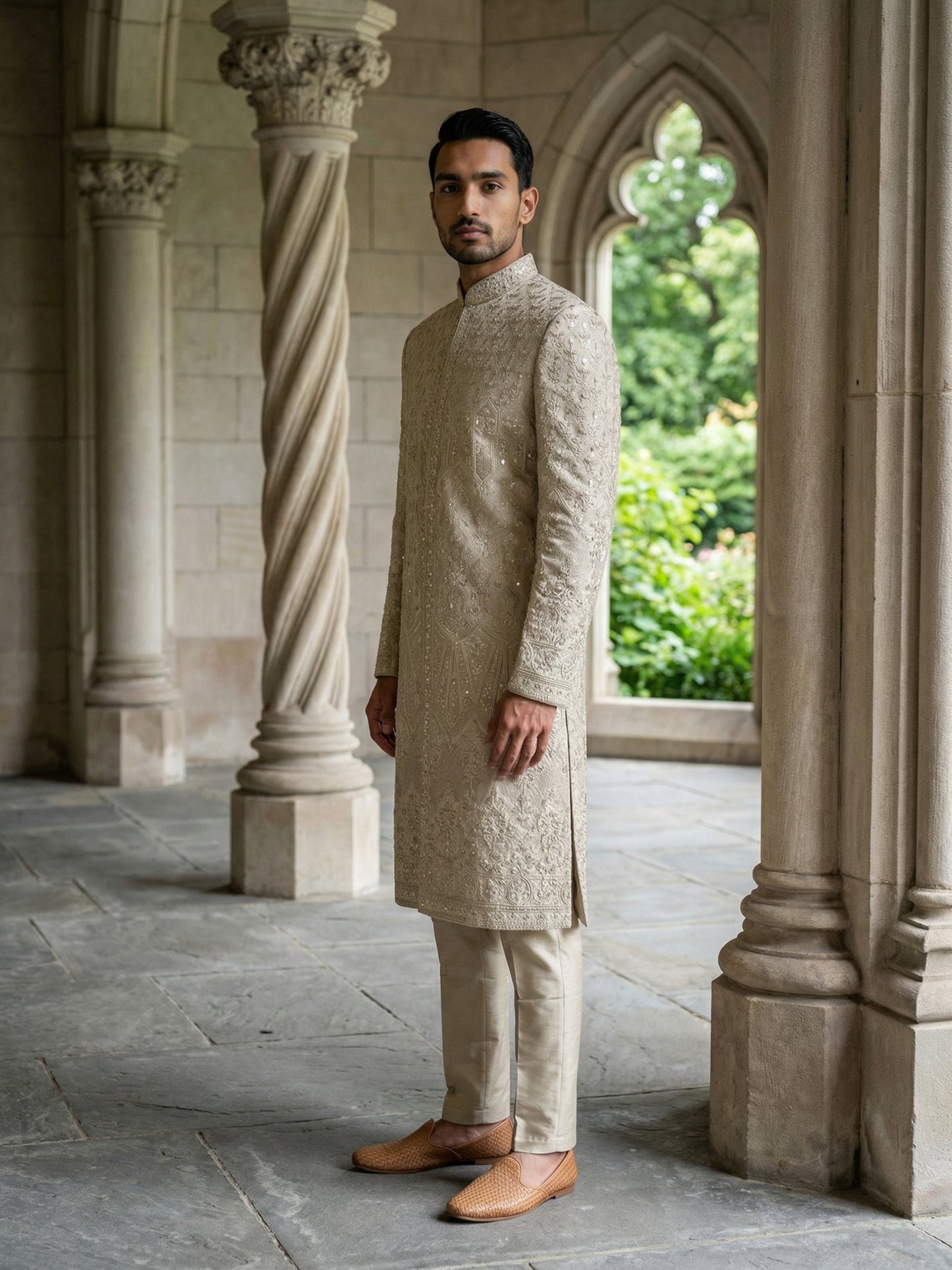 Ivory Gold Embroidered Sherwani Set ( 50JSH 114Golden M )