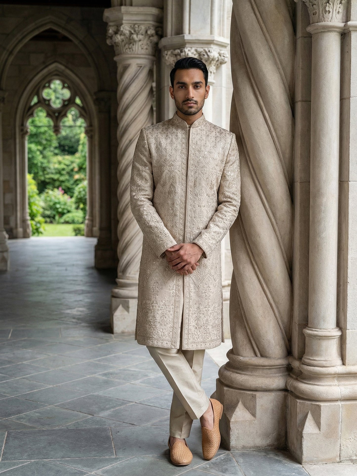 Ivory Gold Embroidered Sherwani Set ( 50JSH 114Golden M )