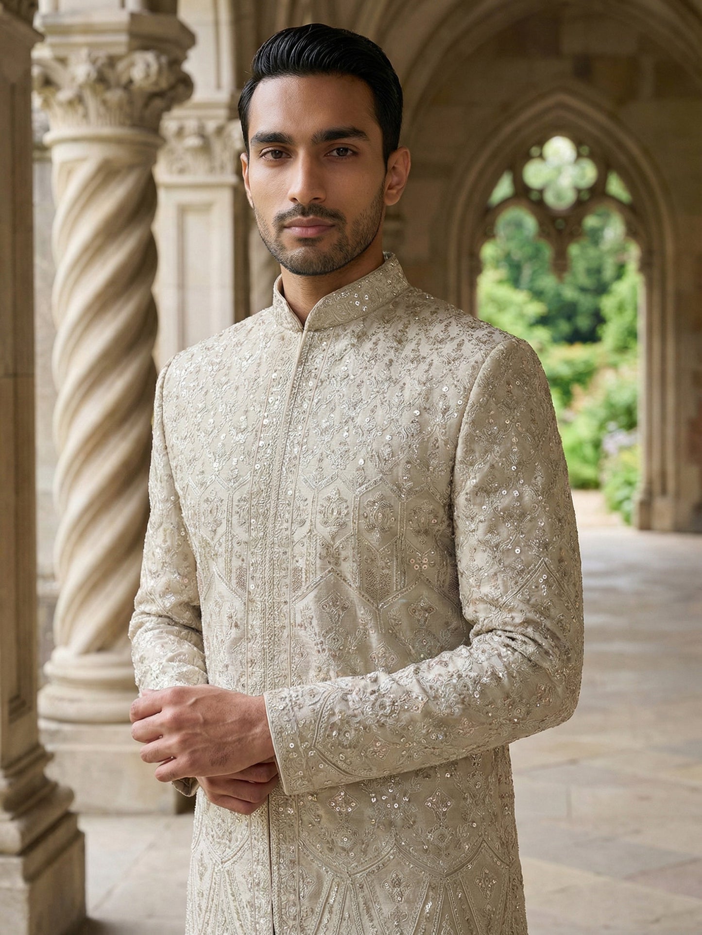 Ivory Gold Embroidered Sherwani Set ( 50JSH 114Golden M )