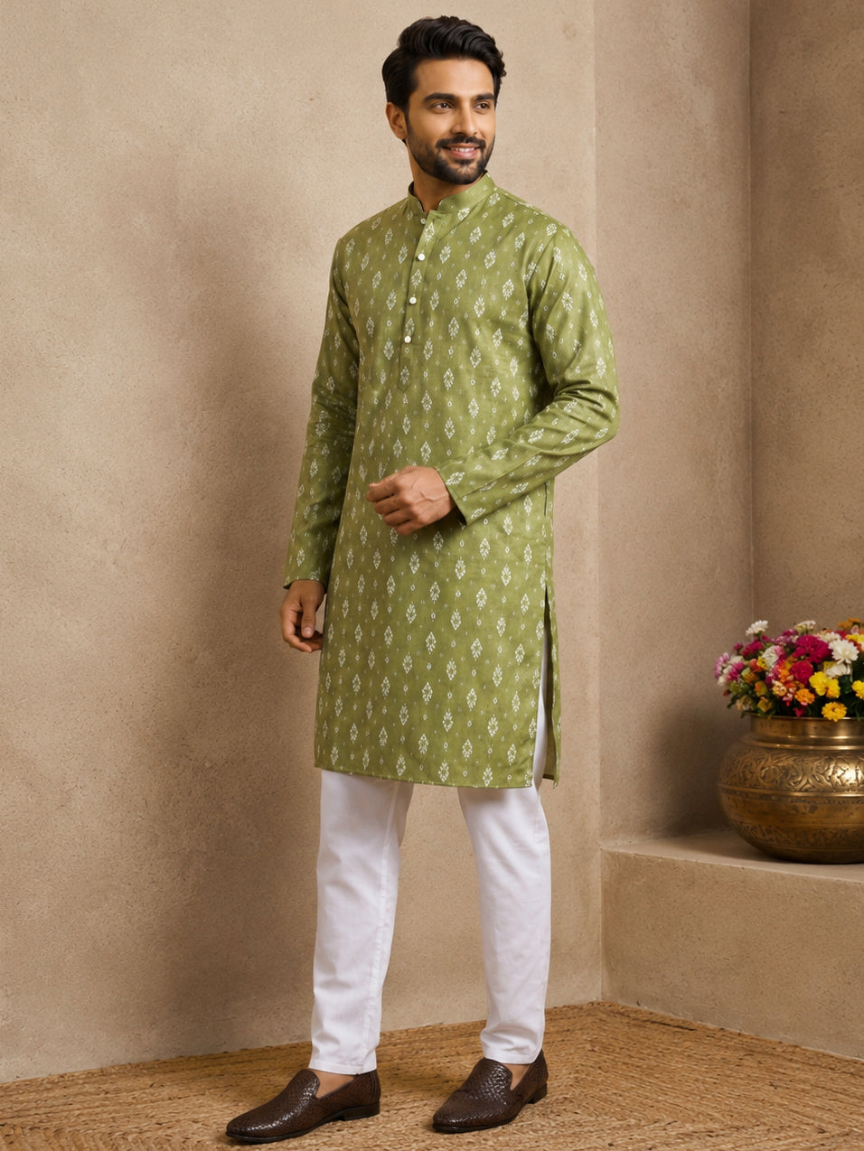 Men's Foil Print Traditional Kurta Pyjama ( 65KP W F 5630 Olive )