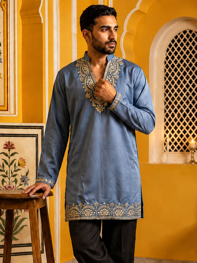 Cotton Blend Embroidered Kurta for Men ( 65KO 5634 Blue )