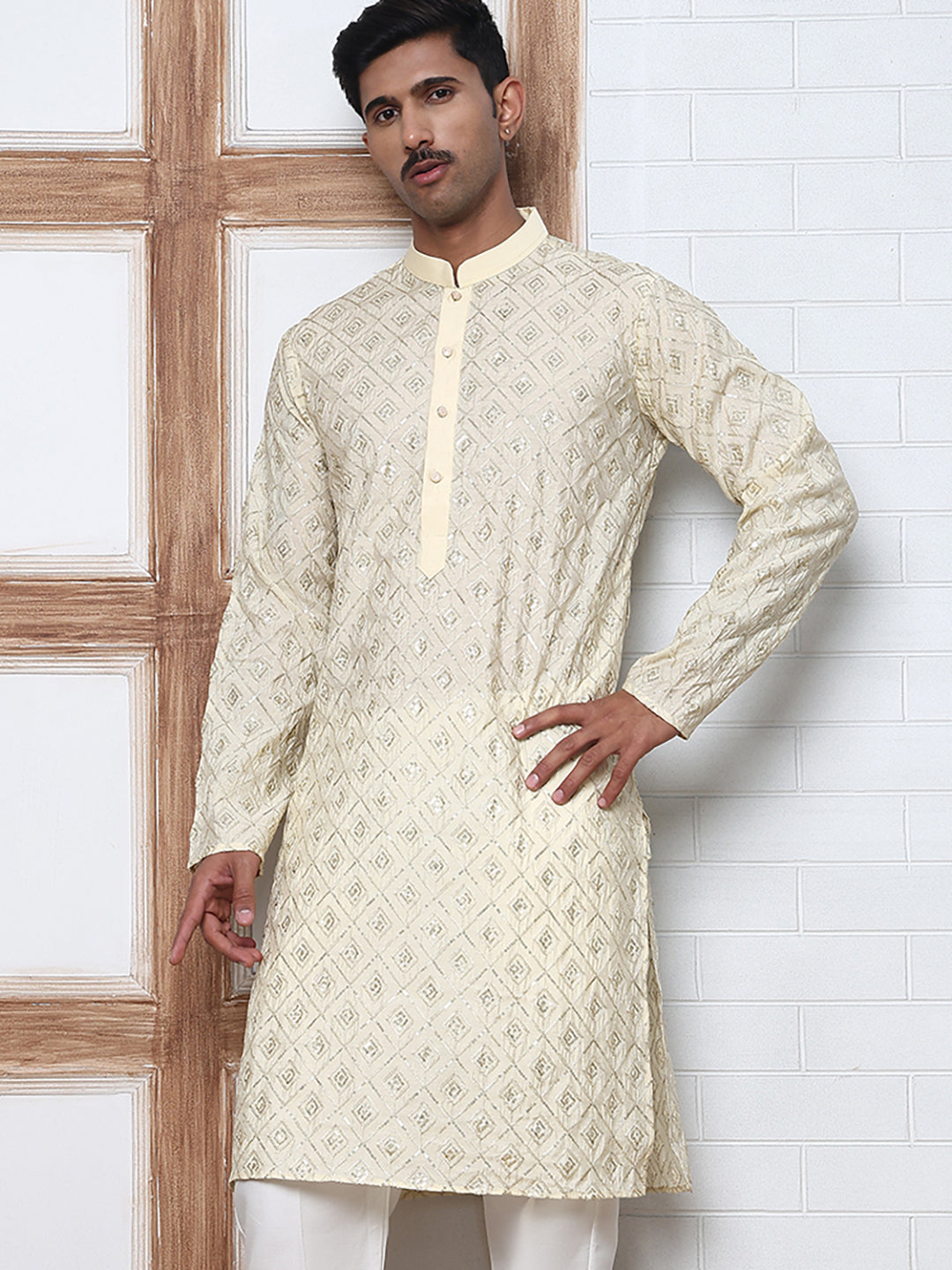Geometric Sequin Pattern Kurtas ( ANMKO 282Cream )  [RT] [L-4]