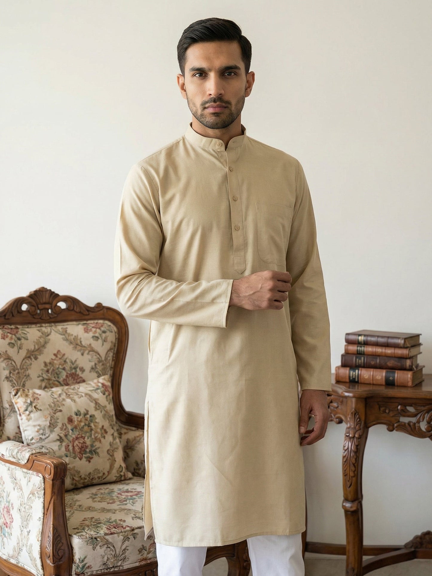 Solid Cotton Kurta for Men ( KO 5144Beige )
