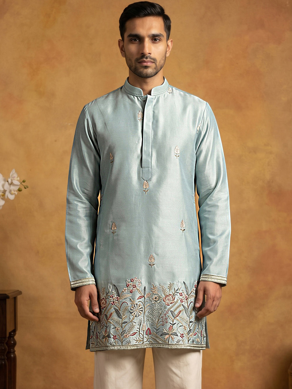 Silk Blend Embroidered Kurta for Men ( 65KO 5602Sky ) [FF] [G-4]