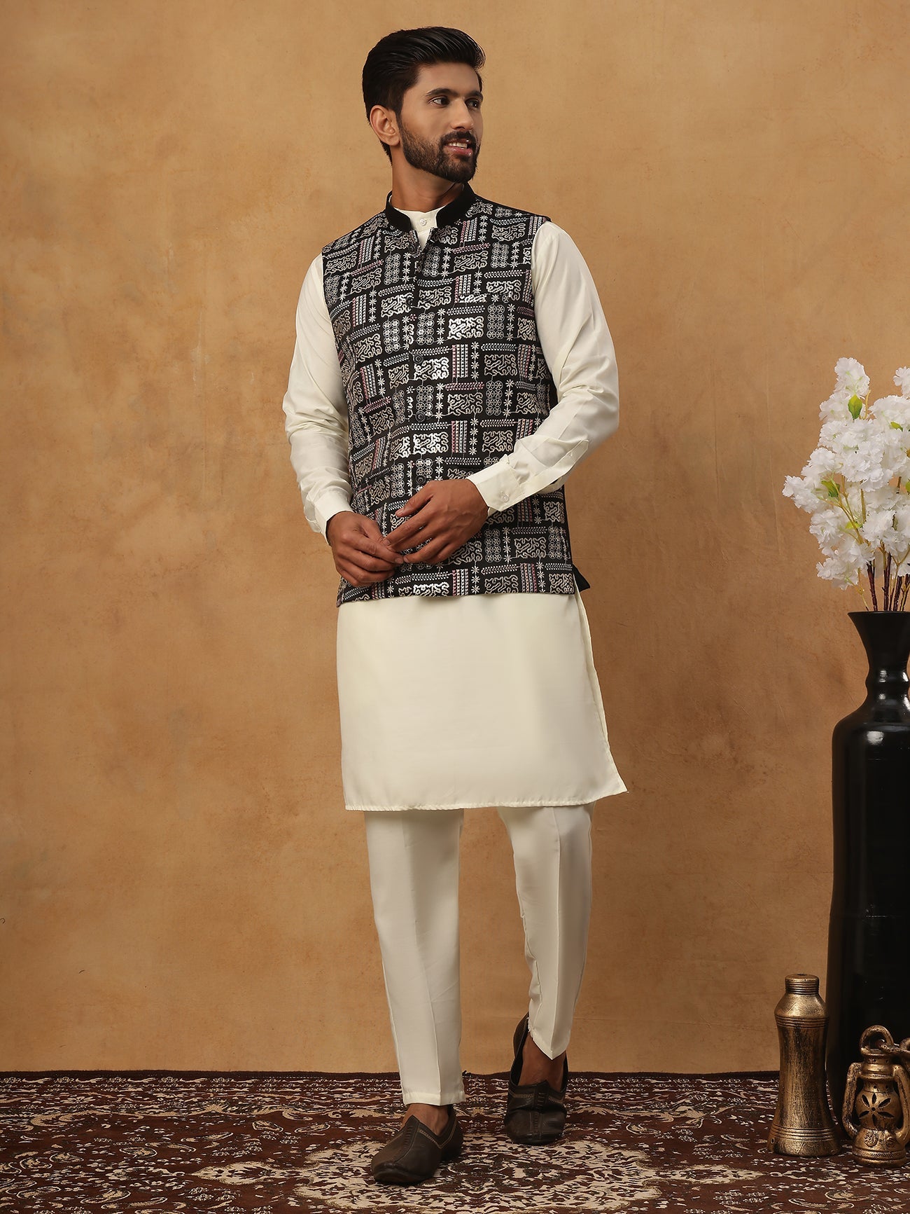 Embroidered Nehru Jacket Set with Solid Kurta Pyjama (65KPWC 592W 4150 Black )