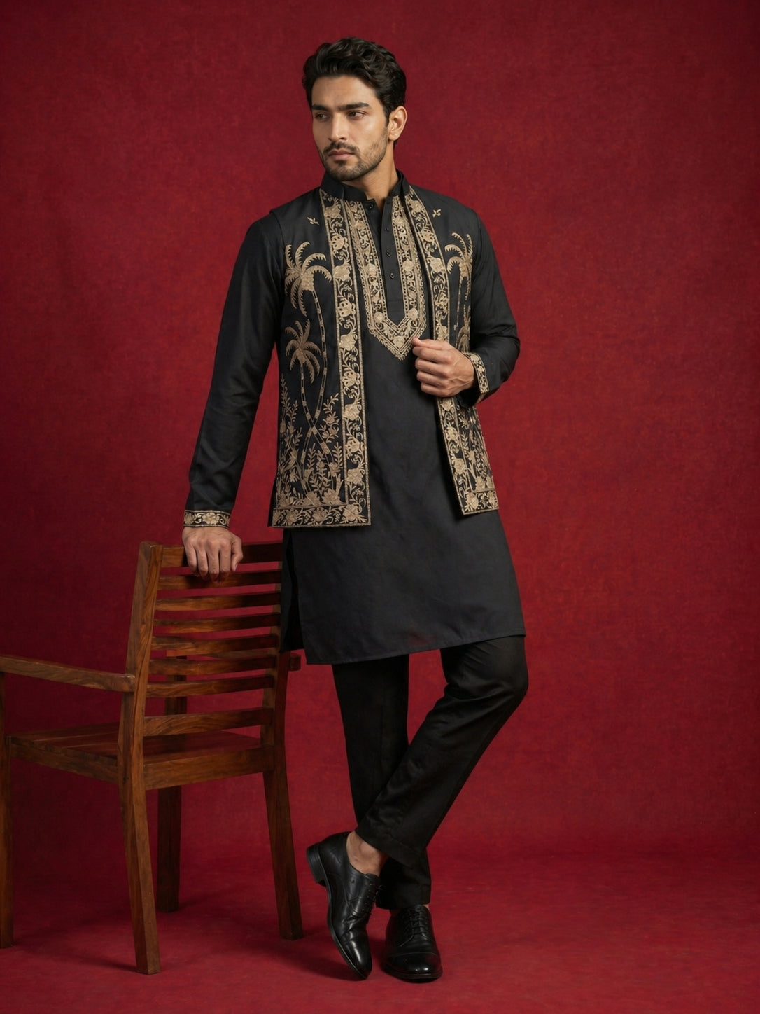 Men's Embroidered Waistcoat and Kurta Pyjama ( JOKPWCS 5080Black )