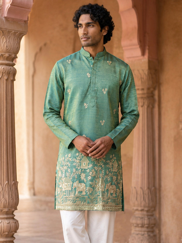 Silk Blend Embroidered Kurta for Men ( 65KO 5632 Green )