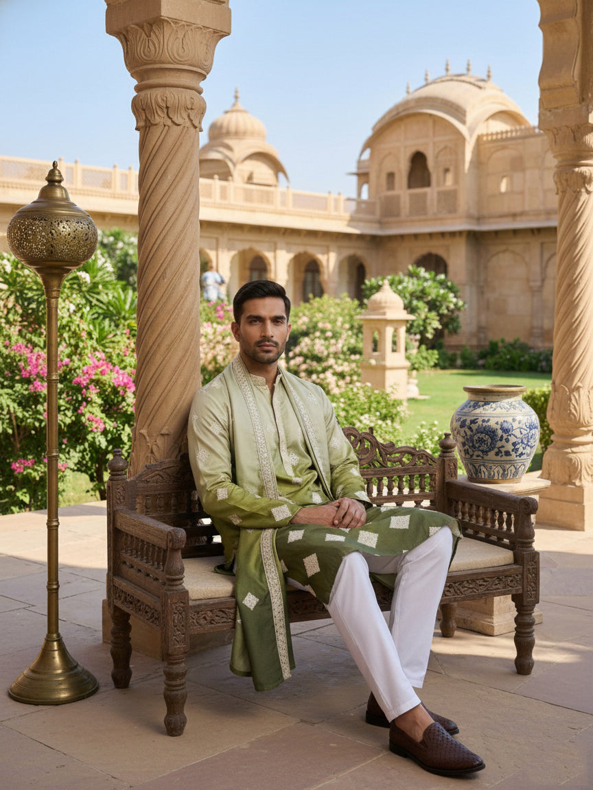 Embroidered Silk Blend Kurta with Dupatta ( HOPKO D 023Pista )