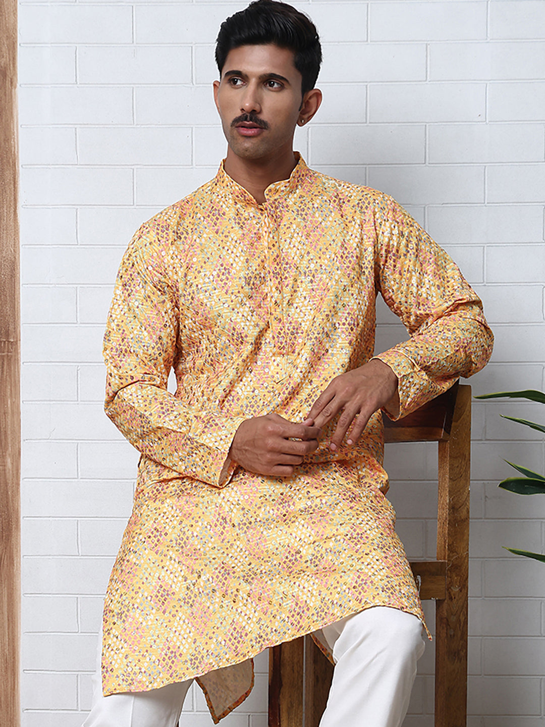 Men's Festive Sequins & Thread Work Kurtas ( ANMKO 288Yellow )  [RT] [C-3]