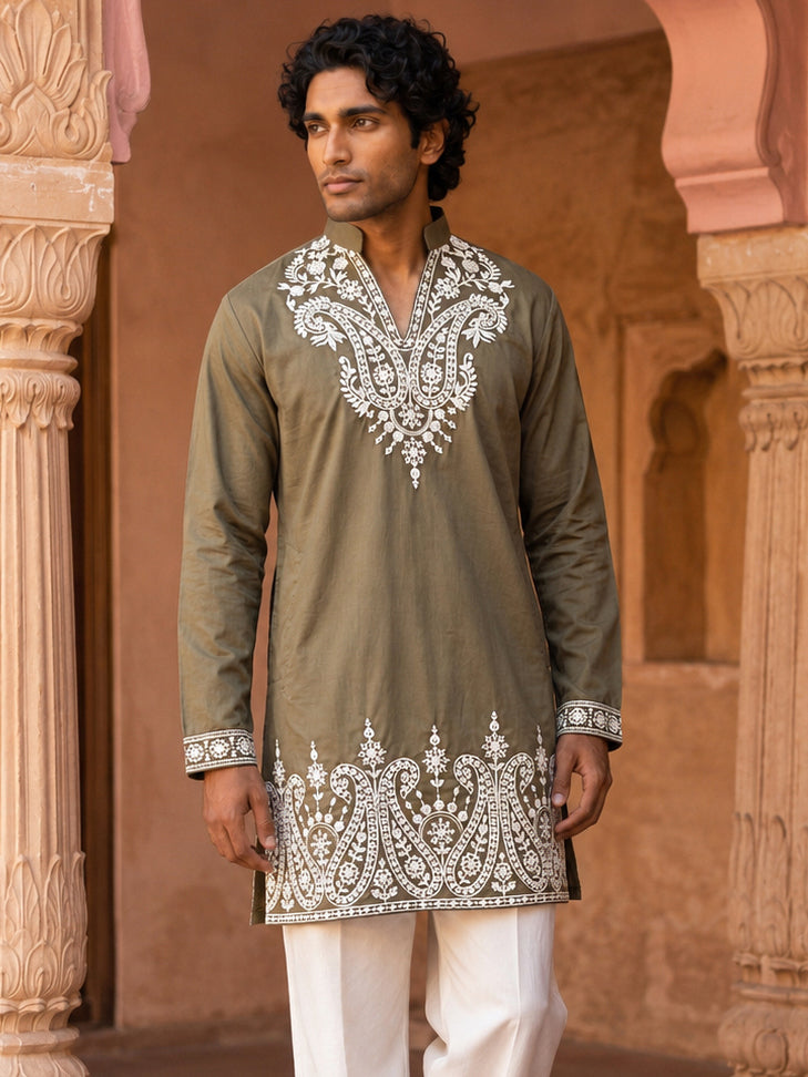Embroidered Cotton Blend Kurta for Men ( 65KO 5635 Olive )