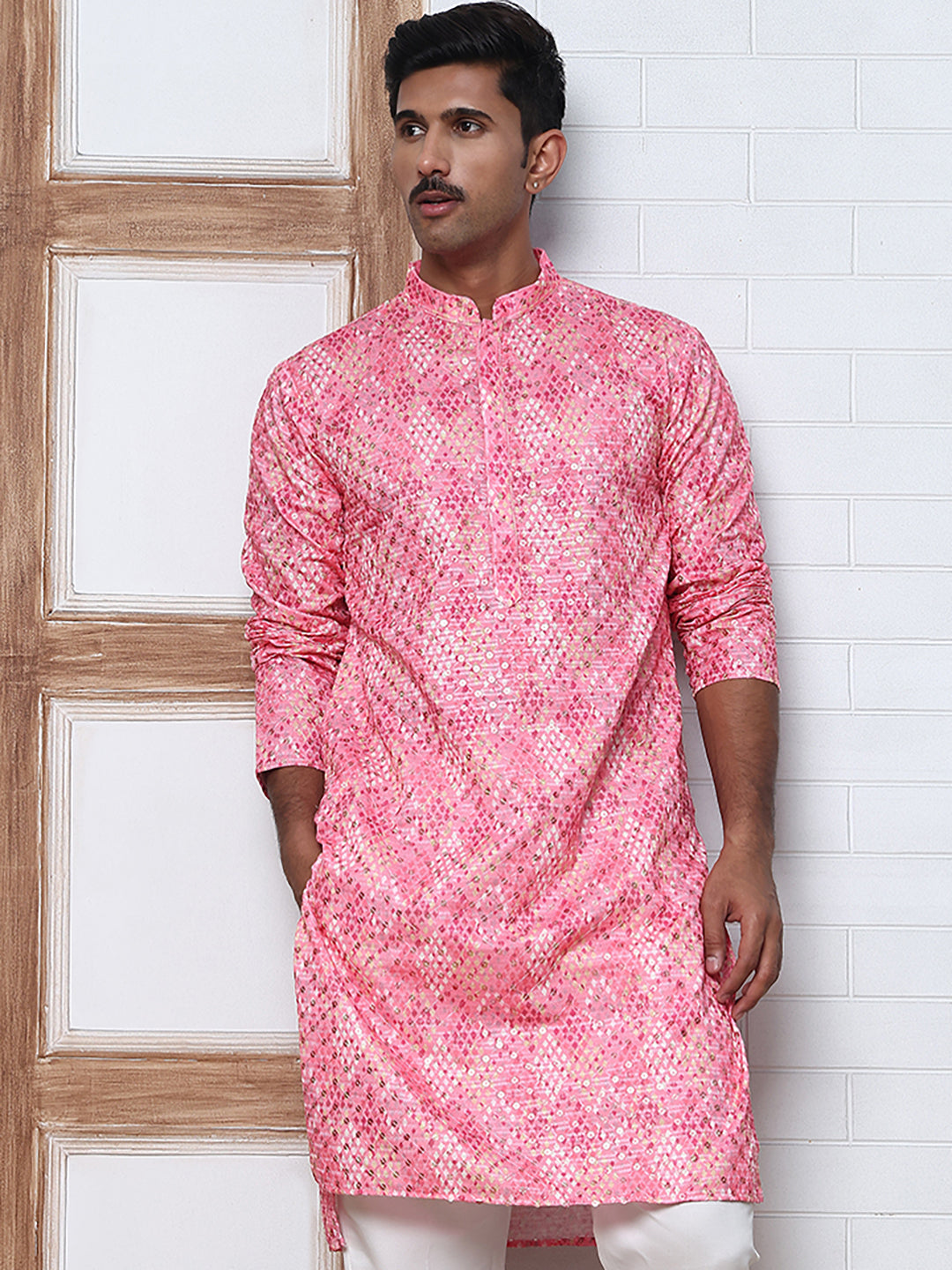 Men's Festive Sequins & Thread Work Kurtas ( ANMKO 288Pink )  [RT] [C-3]