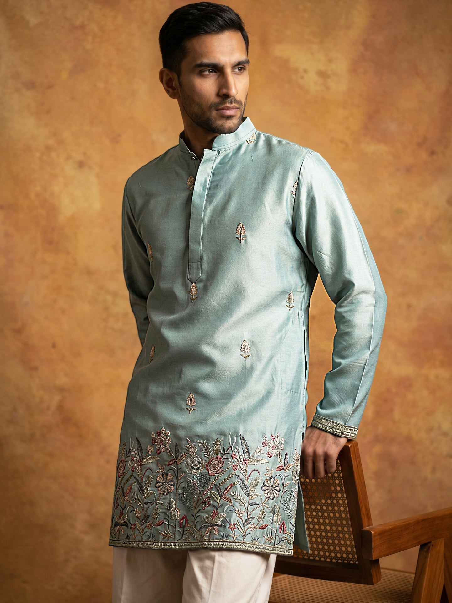 Silk Blend Embroidered Kurta & Korean Pants Set ( 65KP PJ11W 5602Sky ) [FF] [G-4]