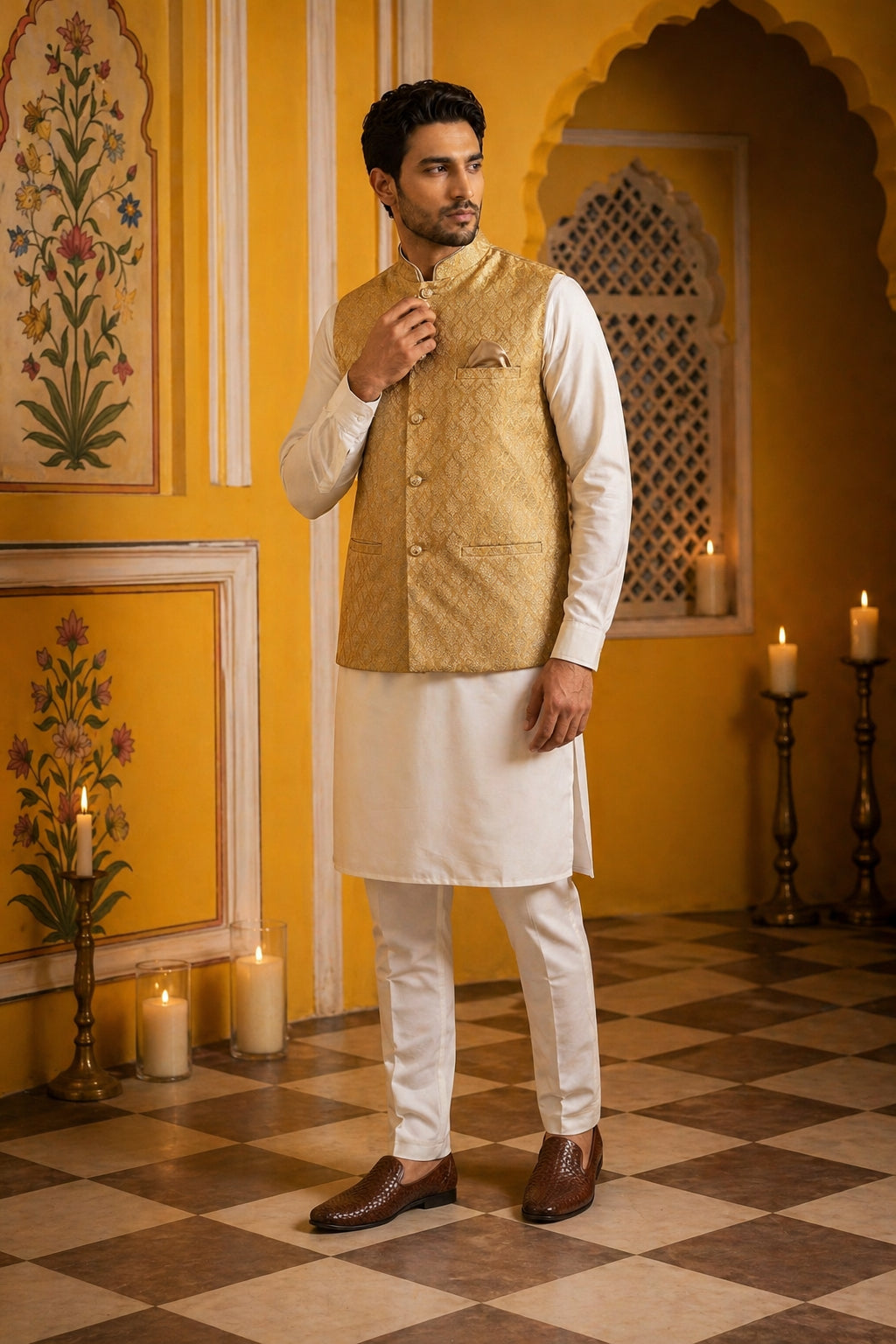 Woven Design Nehru Jacket With Solid Kurta Pyjama for Men ( JOKPWC 636W 4005Golden )