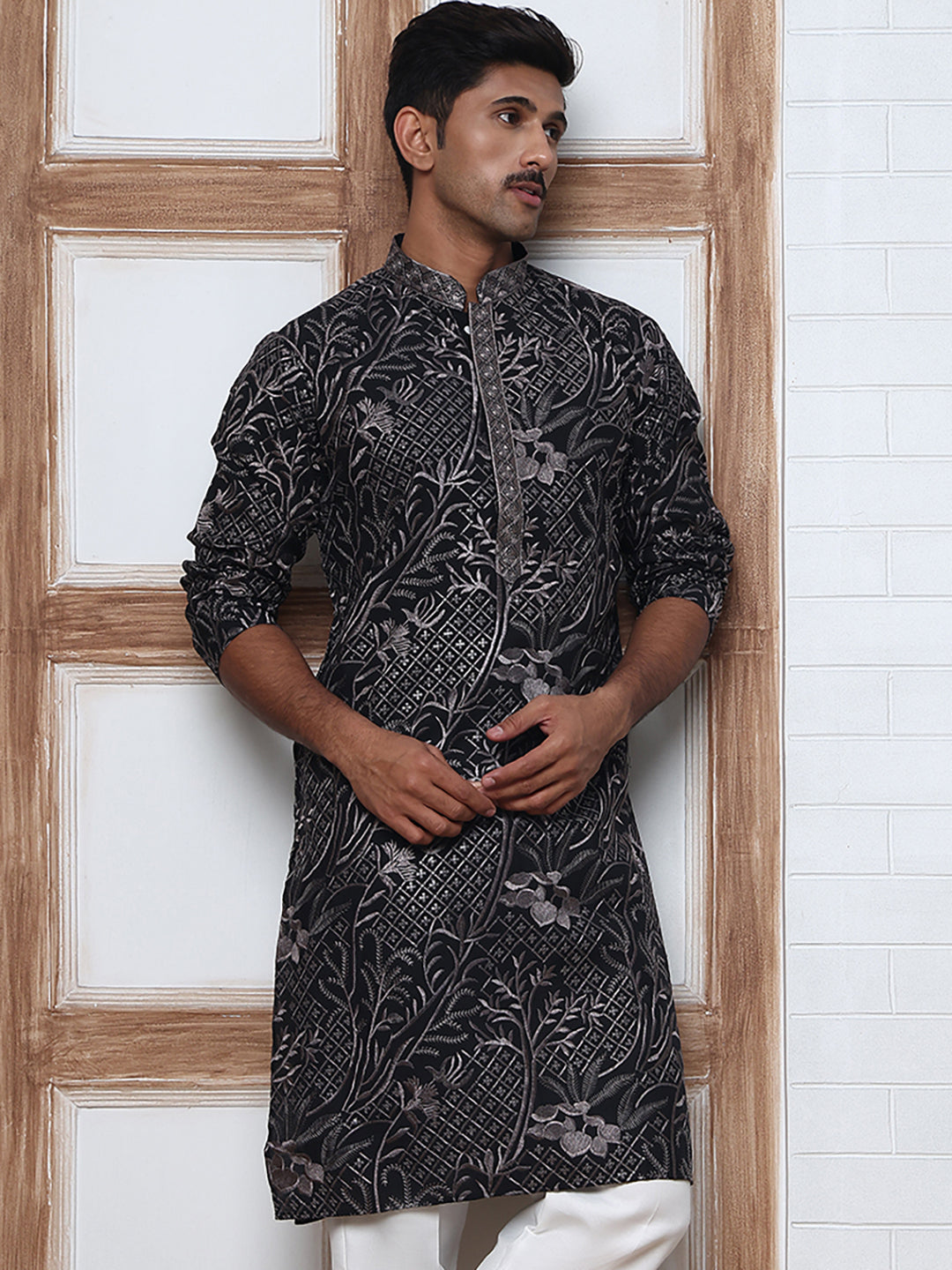 Embroidered Silk-Blend Kurtas ( ANMKO 289Black )  [RT] [H-5]