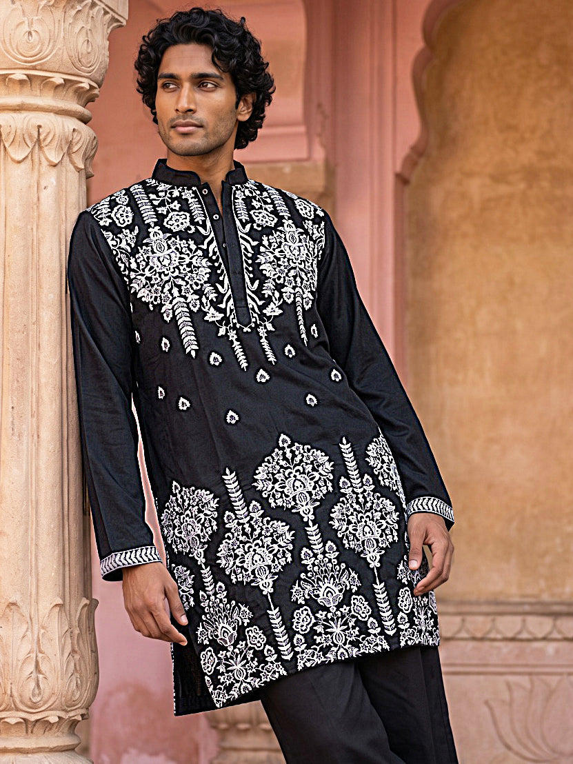 Embroidered Cotton Blend Kurta with Korean Pants ( Z JKP PJ11B C 5636 Black )
