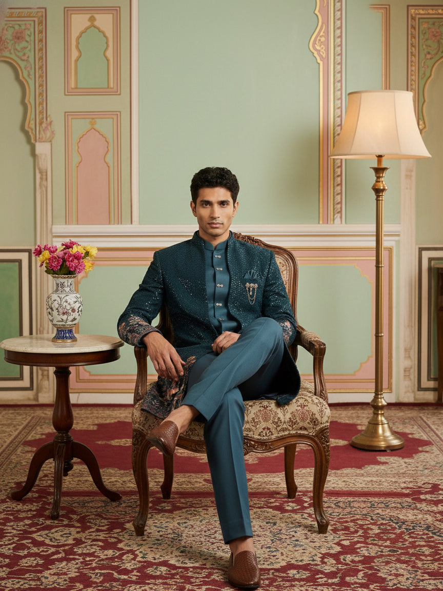 Men’s Peacock Blue Heavily Embroidered Indo-Western Set ( 50JIND 127Peacock S )
