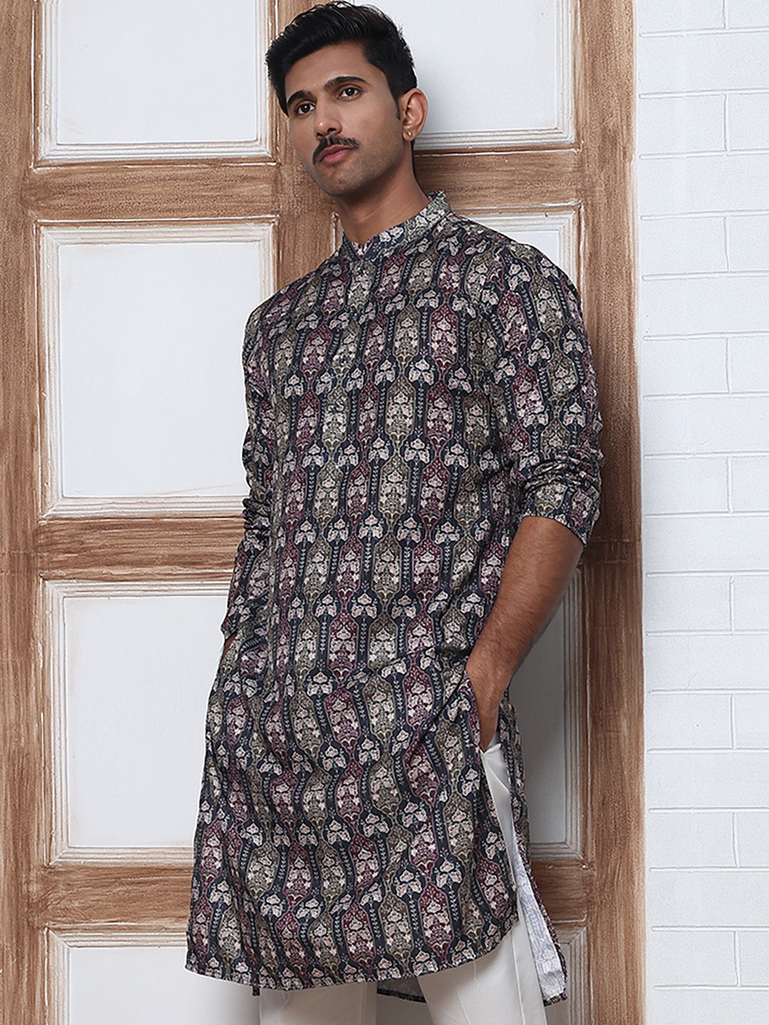Thread Work & Printed Cotton Blend Kurtas ( ANMKO 297Navy )  [RT] [D-3]