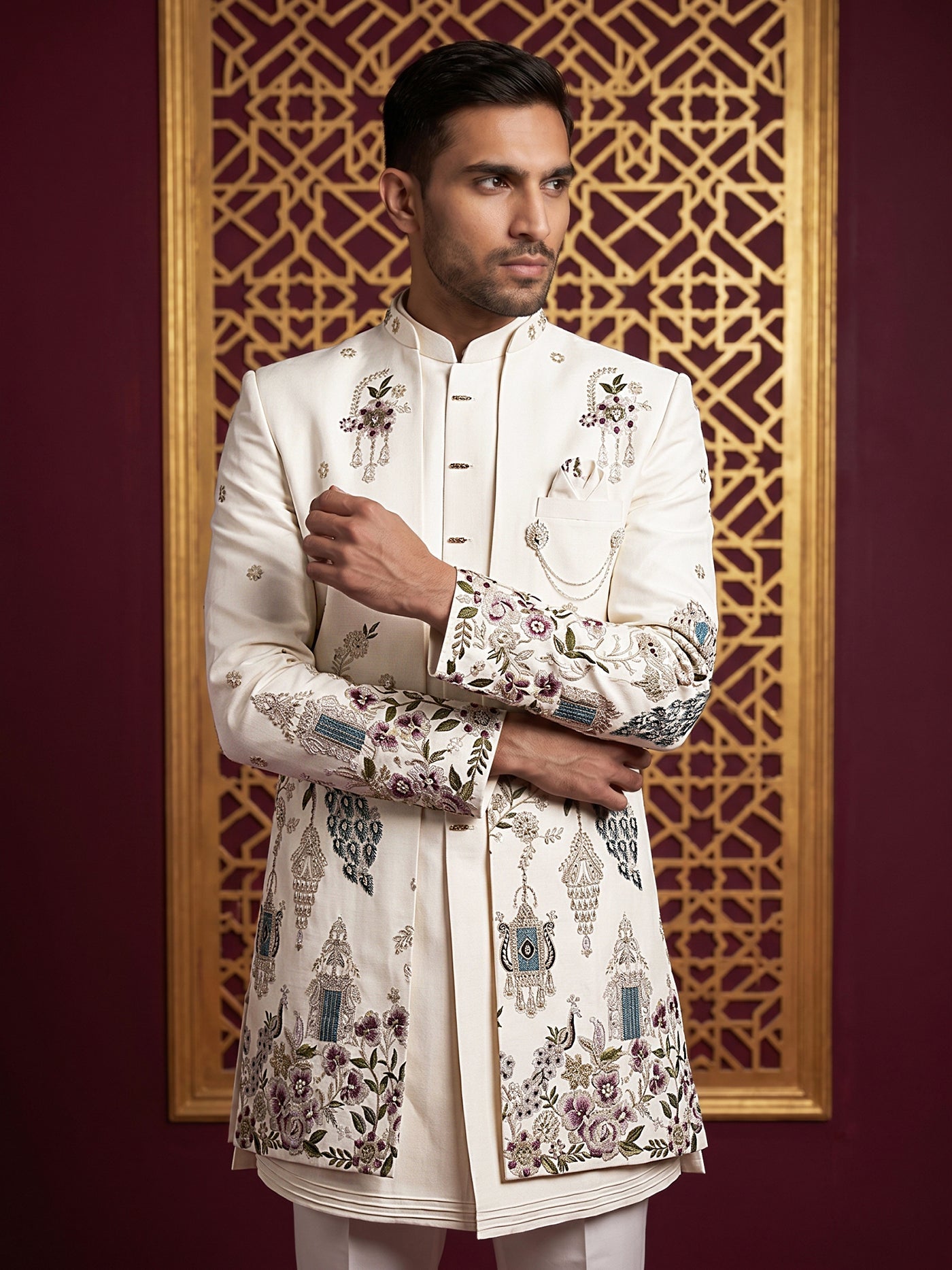Silk Blend Peacock & Floral Embroidered Indo-Western Set