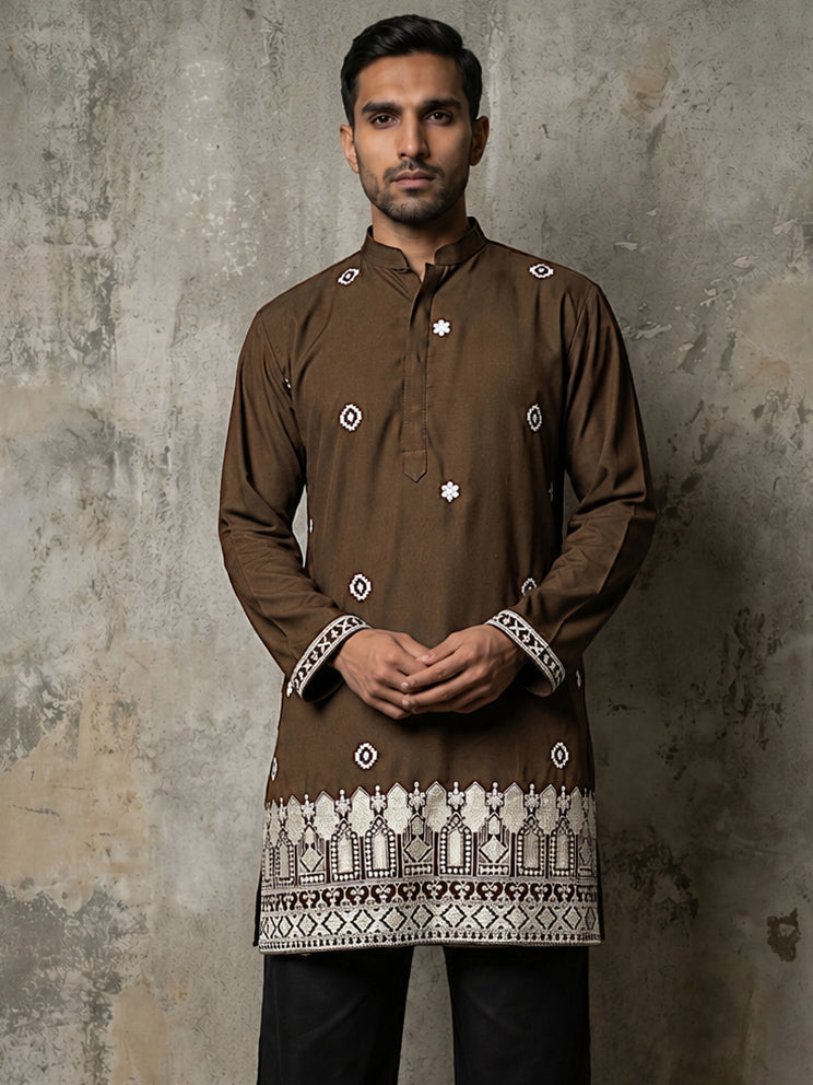 Men's Japanese Fabric Embroidered Kurta ( 65KO 5594Brown ) [FF] [G-4]