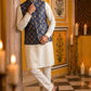 Men's Navy Blue Printed Nehru Jacket With Solid Kurta Pyjama ( JOKPWC 592W 4032Navy )