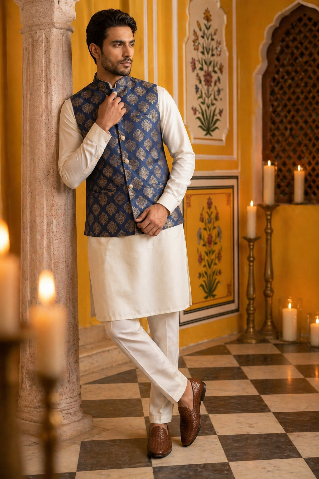Men's Navy Blue Printed Nehru Jacket With Solid Kurta Pyjama ( JOKPWC 592W 4032Navy )