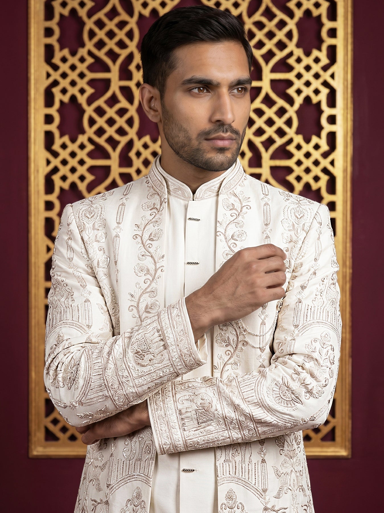 Men's Silk Blend Embroidered Indo-Western Set