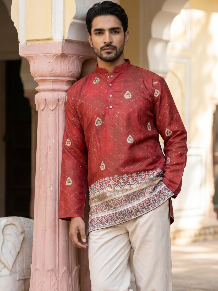 Men's Cotton Blend Printed Kurta ( 65KO 5589Red ) [FF] [H-6]