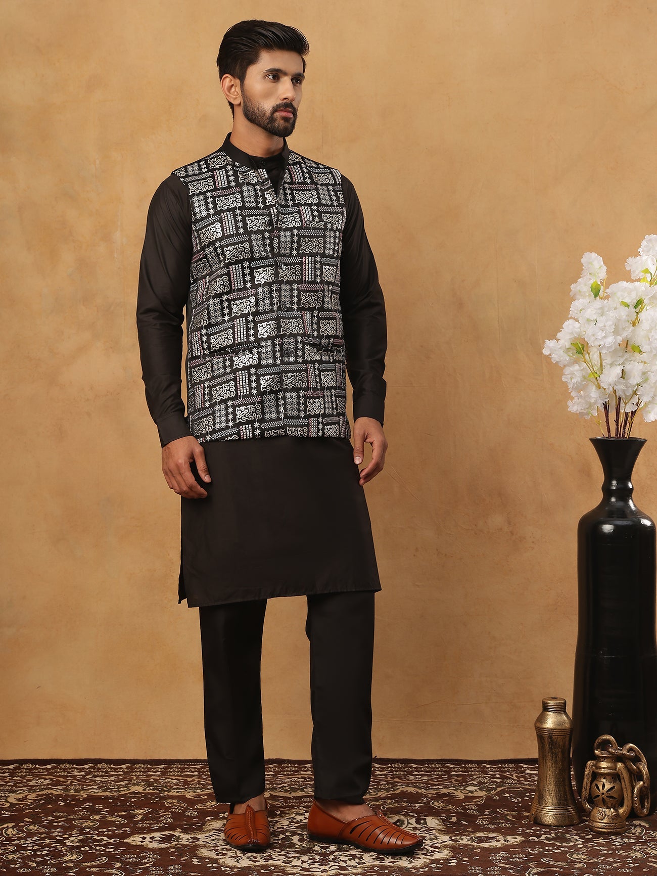 Embroidered Nehru Jacket Set with Solid Kurta Pyjama (65KPWC 592B 4150 Black )