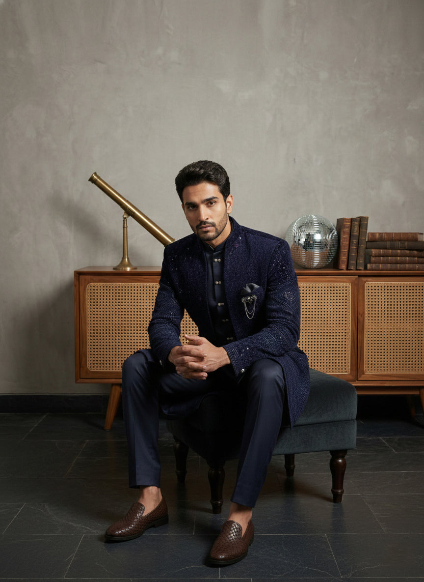 Men’s Navy Blue Embroidered Indo-Western Set ( 50JIND 130Navy S )