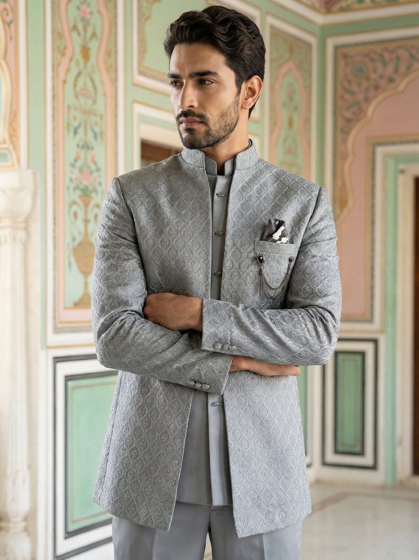 Men Woven Jacquard Indo-Western Set ( 50JIND 155Grey S )