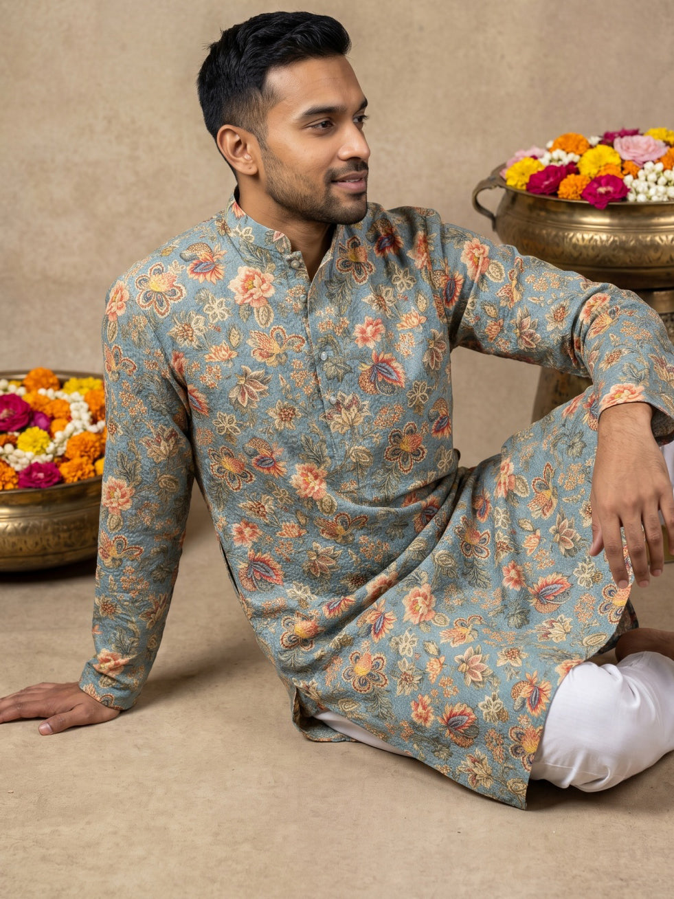 Floral Print & Thread Work Kurta for Men ( 65KO 5631 Blue )