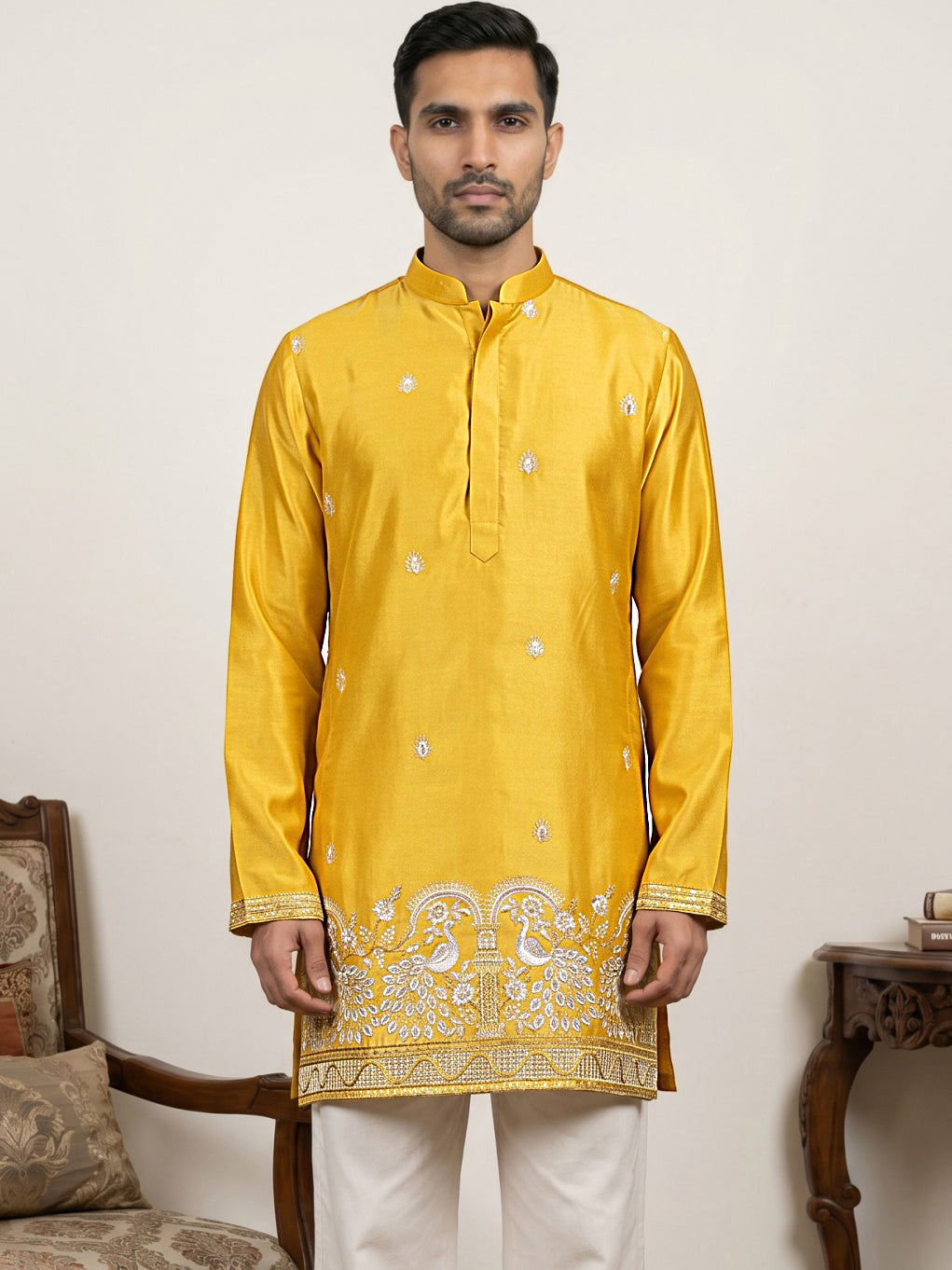 Silk Blend Embroidered Kurta for Men ( 65KO 5600Mustard ) [FF] [G-4]