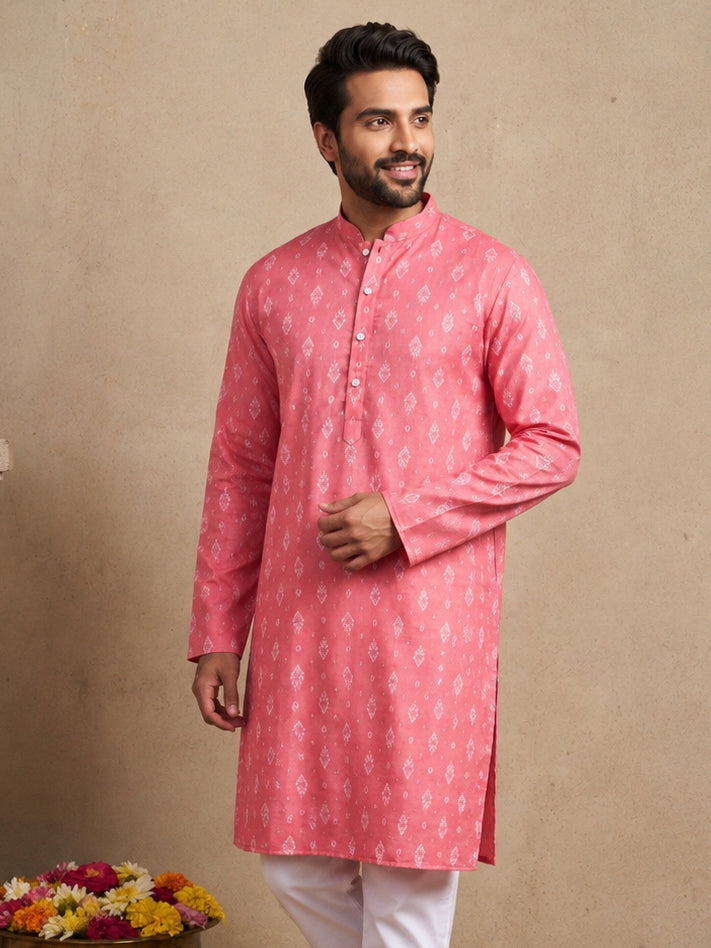 Men's Foil Print Traditional Kurta ( 65KO 5630 Coral )