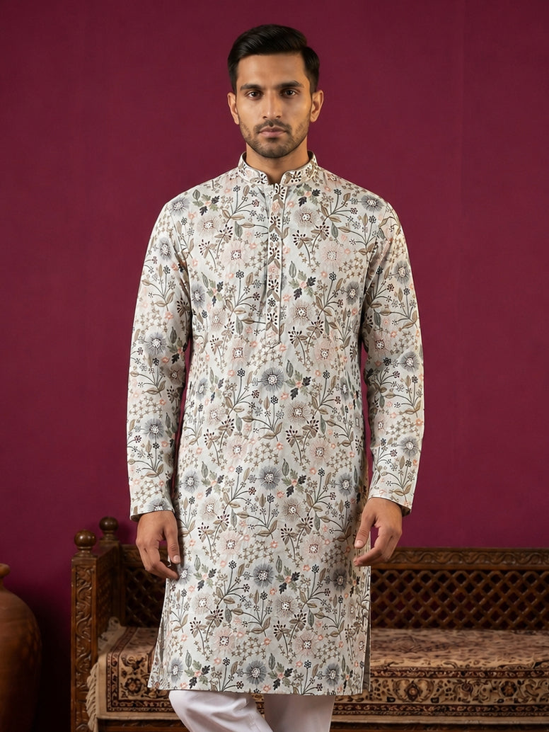 Silk Blend Floral Embroidered Kurta ( KO 5227White )