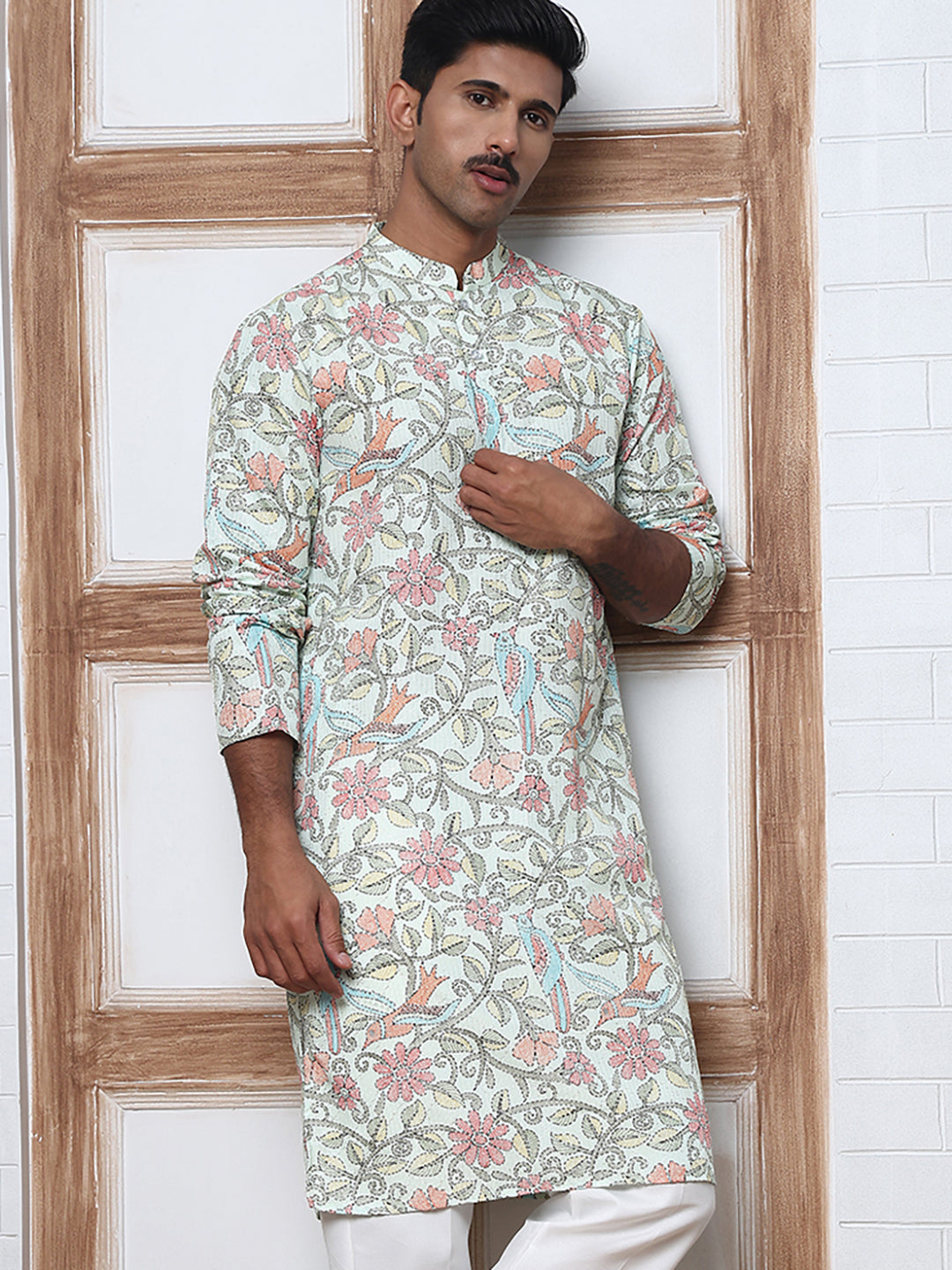 Floral Print Kurtas with Thread Work Embroidery ( ANMKO 284Pista ) [RT] [H-4]