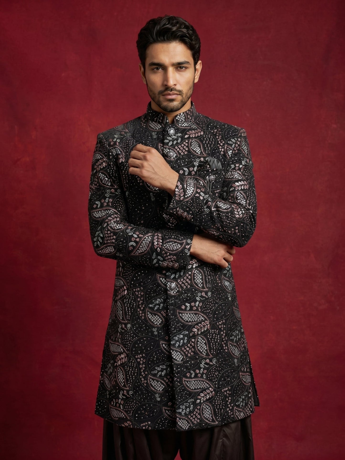 Premium Velvet Embroidered Indo-Western Set ( 50JIND 194Black )