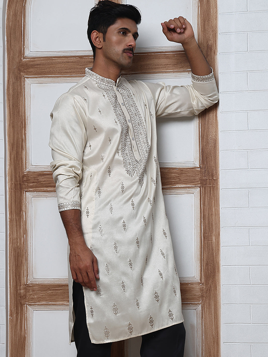Silk Blend Ethnic Embroidered Kurtas ( ANMKO 296Off-White )