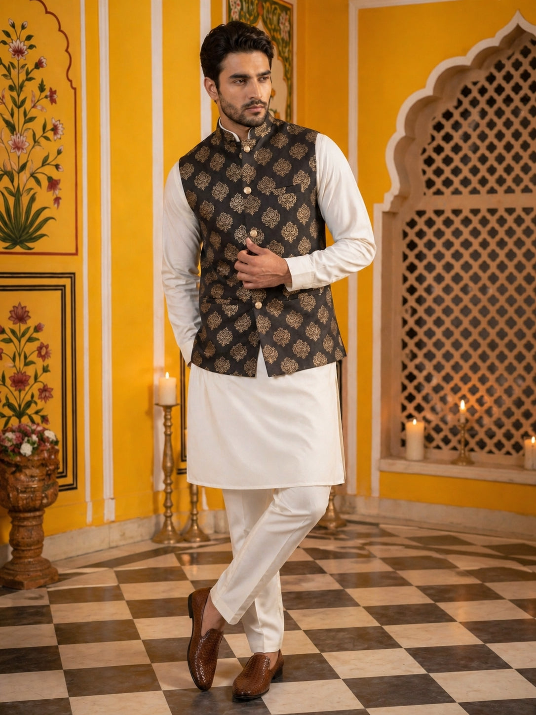 Men's Black Printed Nehru Jacket With Solid Kurta Pyjama ( JOKPWC 592W 4032Black )