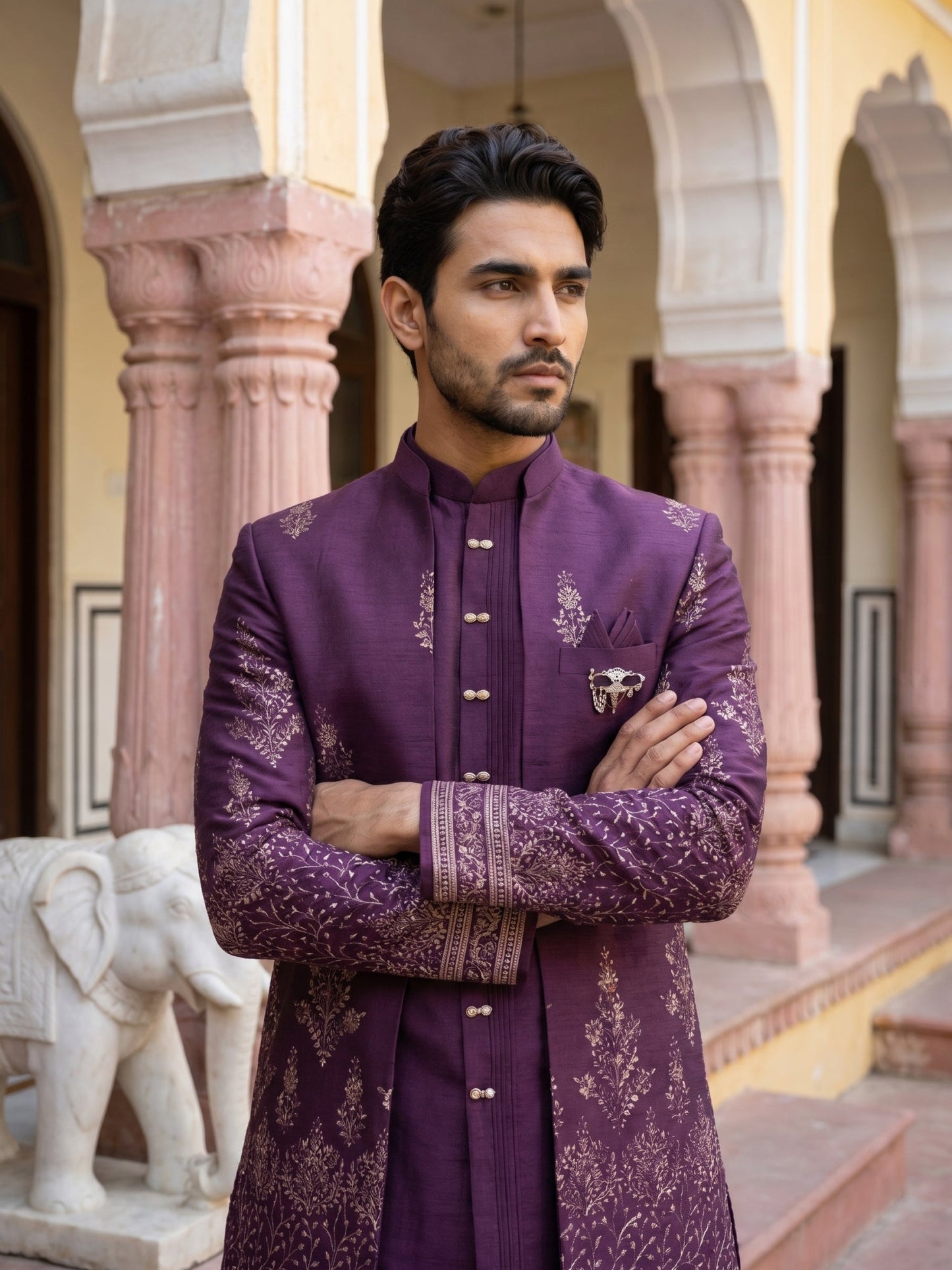 Men's Silk Blend Embroidered Indo-Western Set