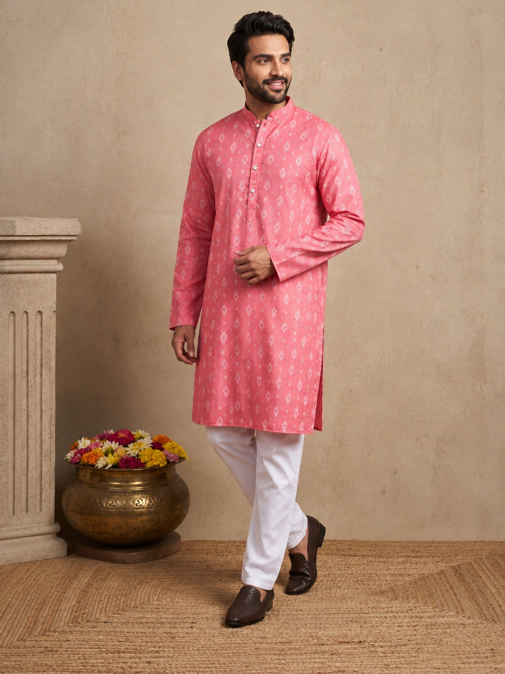 Men's Foil Print Traditional Kurta Pyjama ( 65KP W F 5630 Coral )