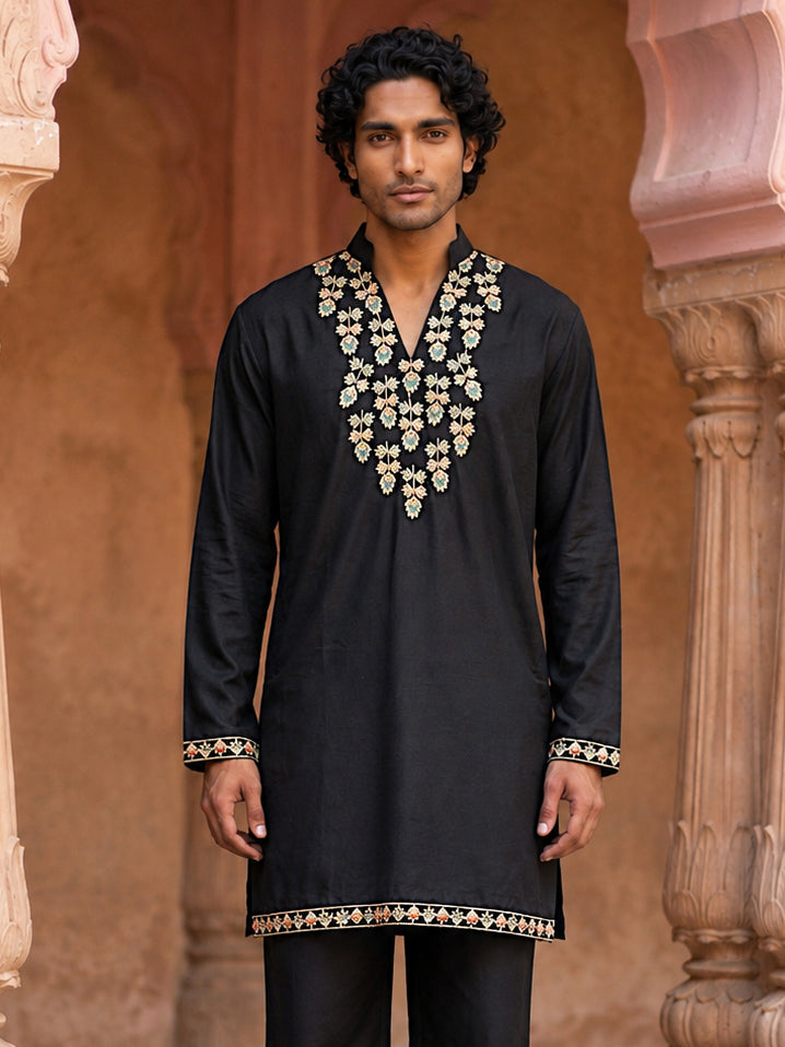 Japanese Fabric Designer Embroidered Kurta ( 65KO 5633 Black )