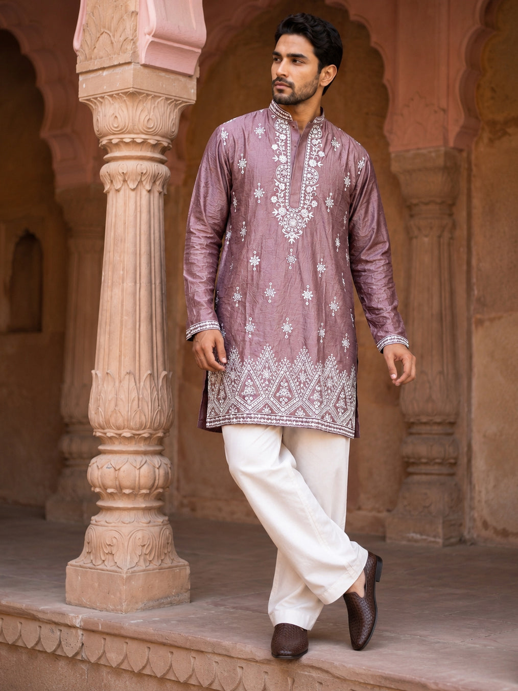Silk Blend Embroidered Kurta with Korean Pants ( 65KP PJ11W B 5626 Magenta )