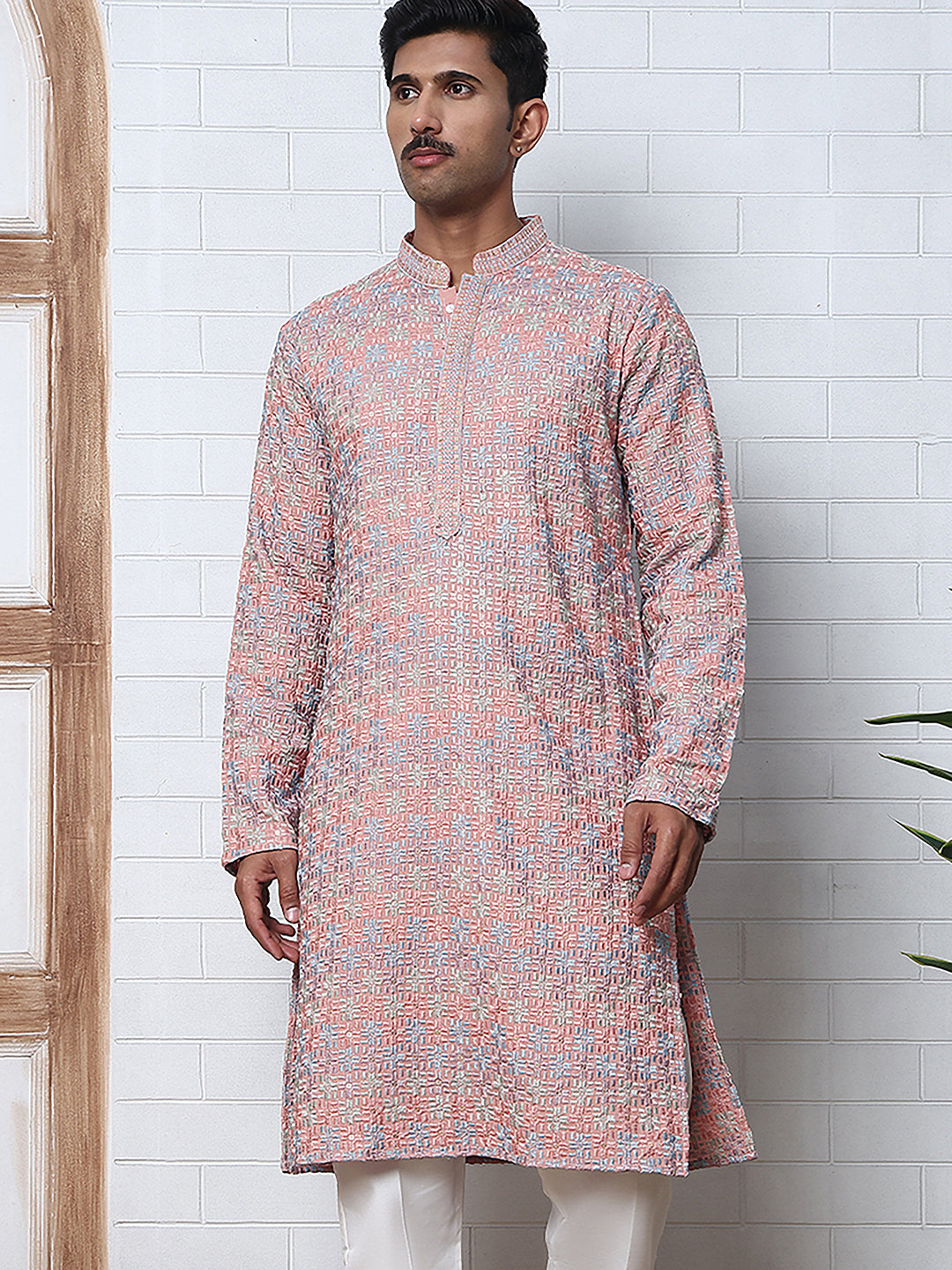 Viscose Rayon Self-Design Embroidered Kurtas ( ANMKO 278Peach )  [RT] [M-6]