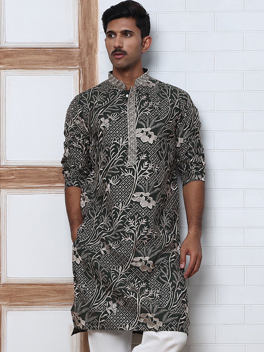 Embroidered Silk-Blend Kurtas ( ANMKO 289Olive )  [RT] [H-5]